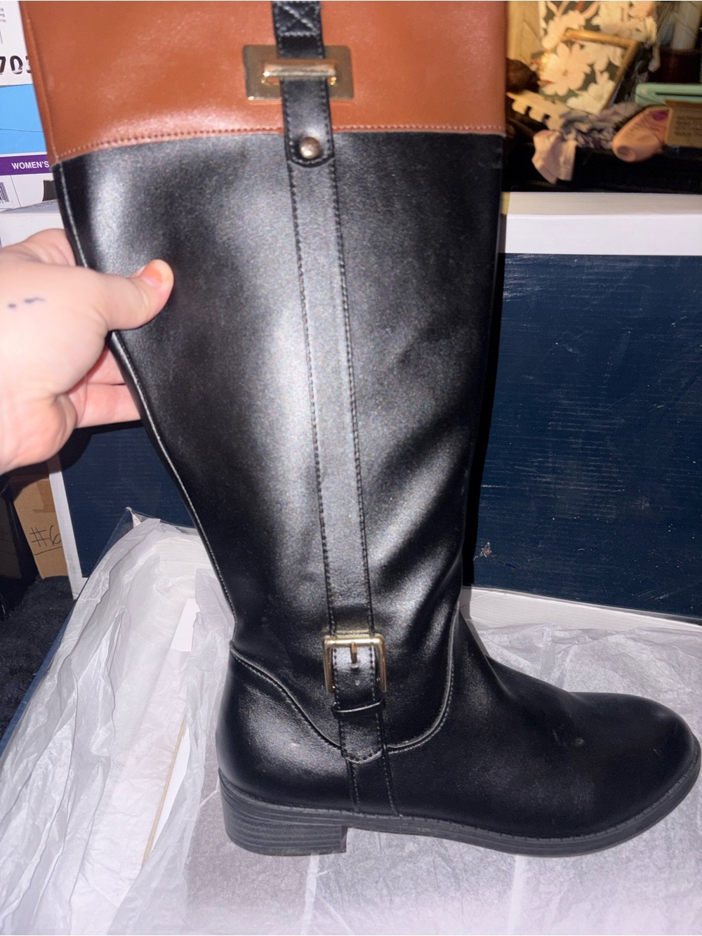 Karen Scott Two-Tone Riding Boots in Black and Brown wide calf
